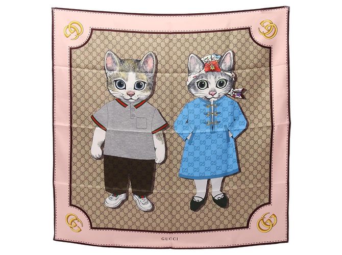 Pañuelo de seda Gucci x Yuko Higuchi con estampado GG Rosa Multicolor Beige