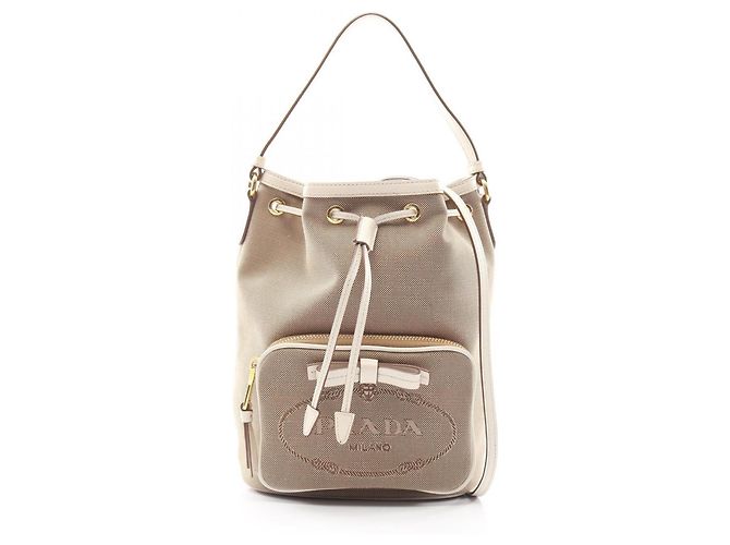 Prada LOGO JACQUARD 2-Way Handtasche Braun Weiß Beige