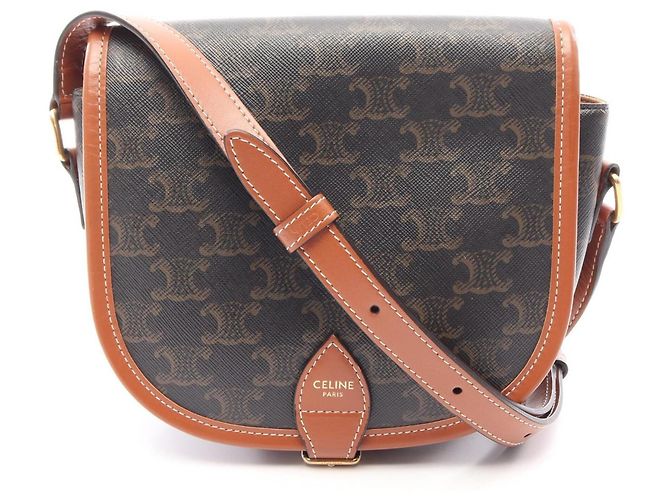Céline Celine CELINE Bolsa Folco Medium Triomphe Marrom Preto