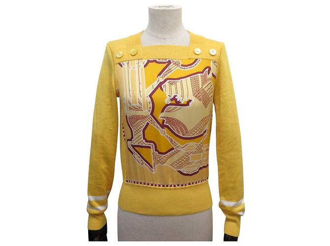 Hermès NEUER HERMES TATERSALES ZIGZAG PULLOVER GR. 34 XS TWILL SEIDE MIMOSENGELB