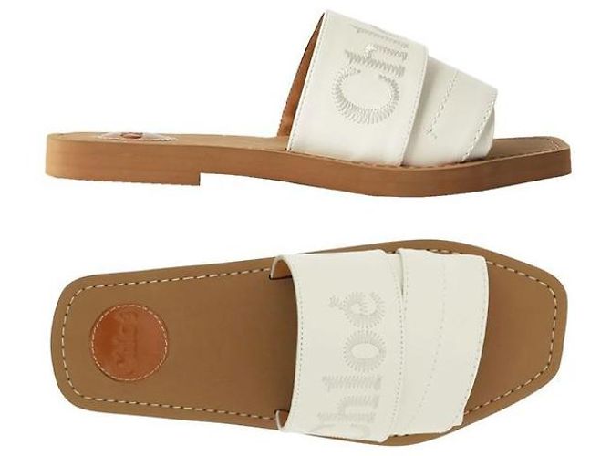 Chloé Woody Embroidered Logo Strap Sandals White