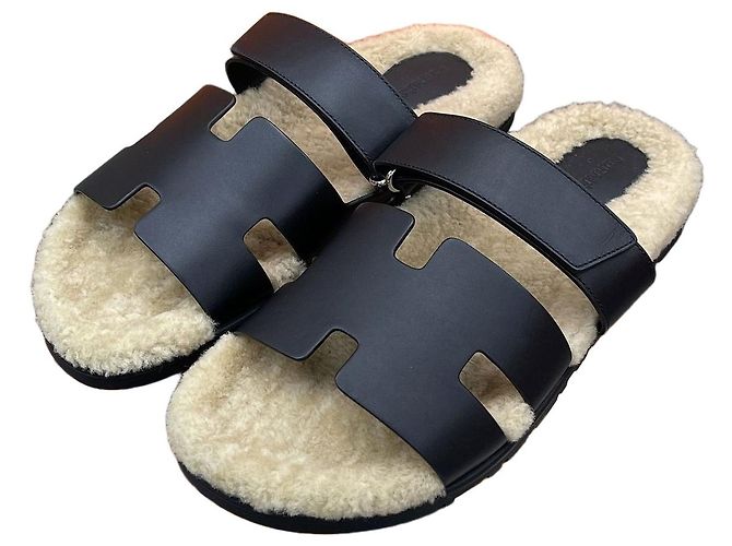 Hermès Shearling Sandals Black