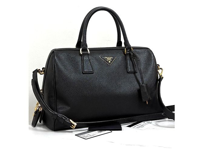 Prada Sac Tote Boston Saffiano Lux avec Logo Triangle Noir