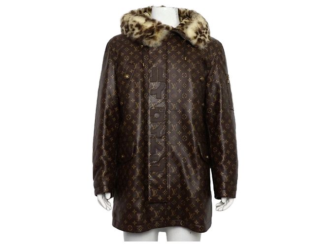 Louis Vuitton Monogram Leather Shearling Hood Men's Parka Jacket Brown