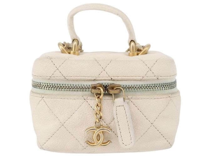 Chanel Top Handle Zip Around Vanity Case with Chain Quilted Caviar Mini Branco