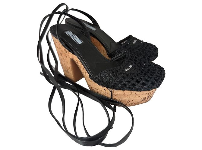 Sandali wedge con platform in crochet neri Prada Nero