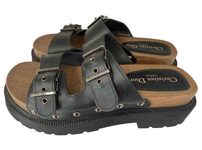 Ciabatte platform in legno e pelle nera Christian Dior Nero