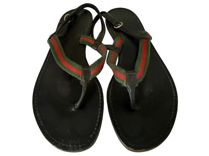 Sandali thong Gucci in pelle nera con dettaglio Web Nero Rosso Verde