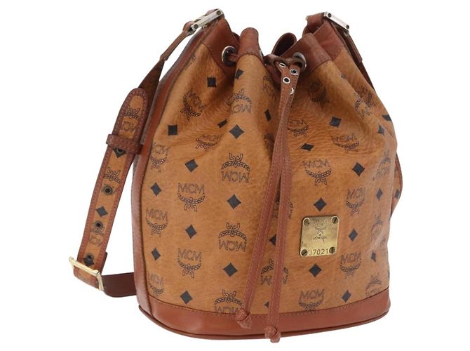 Borsa a tracolla MCM Vicetos Logogram PVC Leather Brown Gold Auth 201008 Marrone D'oro