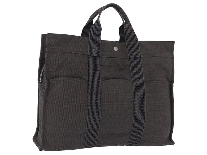 Hermès Sac à main HERMES Her Line MM Canvas Gris Argent Auth 200067 Marron Argenté