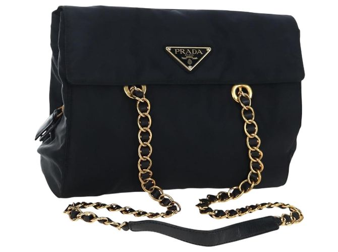 Borsa a tracolla con catena PRADA Nylon Nero Oro Auth 199857V D'oro