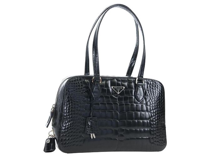 PRADA Hand Bag Embossed Leather Black Silver Auth yk20763SAM Silvery