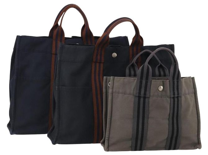 Hermès HERMES Fourre Tout Handtasche aus Baumwolle, 3er-Set, Navy Gray, Auth BA15471 Braun Marineblau