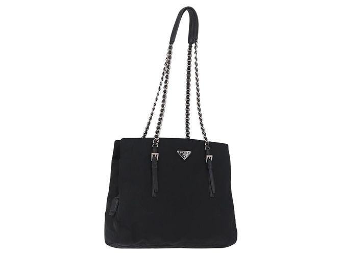 Borsa a tracolla con catena PRADA Nylon Black Silver Auth fm5438 Nero Argento