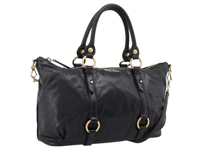 Bolsa Miu Miu Vittello Shine em couro 2way Preta Tom Dourado Auth 199341V Preto
