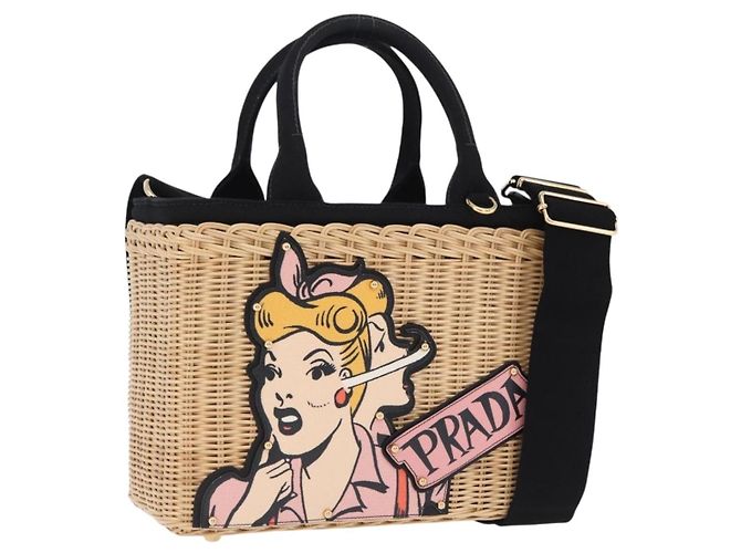 Bolso PRADA Wicker Canapa Rattan 2way Beige Gold 1BG835 Auth 198609SAM Dorado
