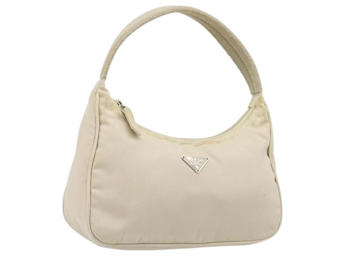 PRADA Accessory Pouch Nylon Beige Silver Auth 202088 Silvery
