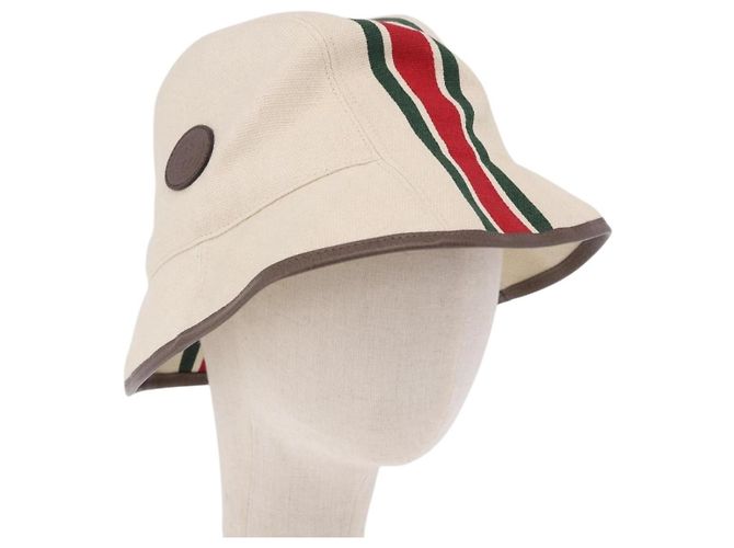 GUCCI Web Sherry Line Hat Canvas L Beige Auth 200007M