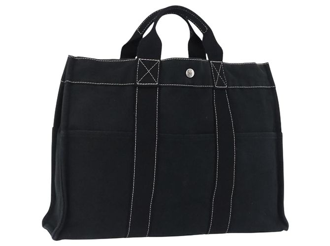Hermès Borsa HERMES Fourre Tout MM in cotone nero argento Auth 199811
