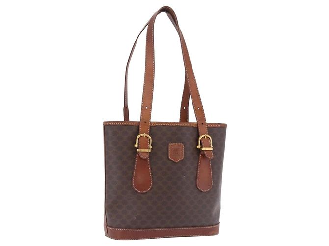 Céline Saco Tote CELINE Macadam PVC Couro Marrom Tom Dourado Auth BA15400