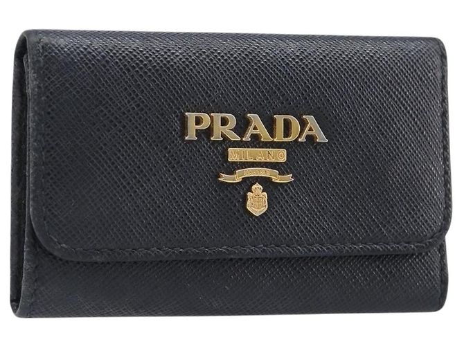 Saffiano PRADA Key Case Safiano Leather Navy Gold Auth bs36879 Golden Navy blue