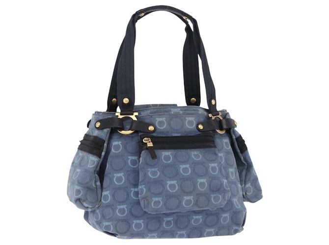 Borsa Tote Salvatore Ferragamo Gancini Canvas Navy Gold Auth 200061A D'oro Blu navy