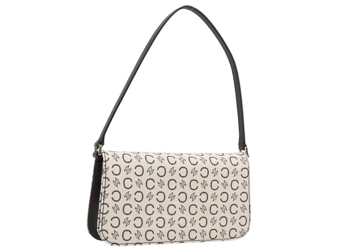 Céline Borsa a tracolla CELINE C Macadam Canvas White Gold Tone Auth 200822V Bianco