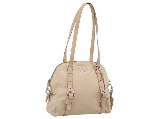 Bolsa de Ombro PRADA em Couro Bege Prateado Auth 200826V Prata
