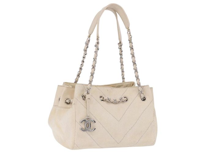 Borsa a catena CHANEL V-Stitch Icon Series Canvas Beige Silver CC Auth 201991A Argento