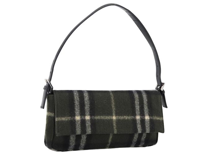 Bolsa de Ombro Burberrys Nova Check Lã Verde Prata Auth 202175A