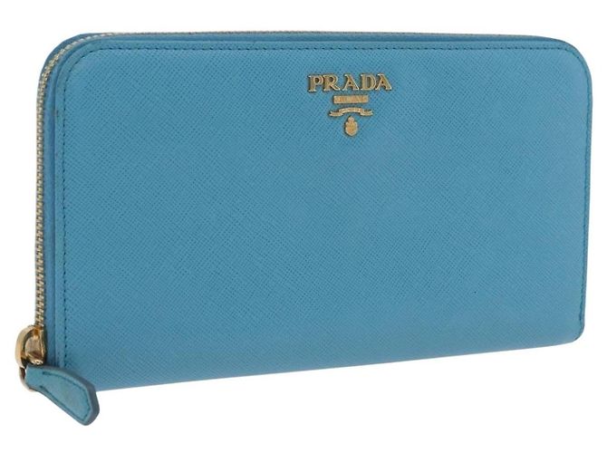 Saffiano PRADA Long Wallet Safiano Leather Light Blue Gold Auth 202031V Golden
