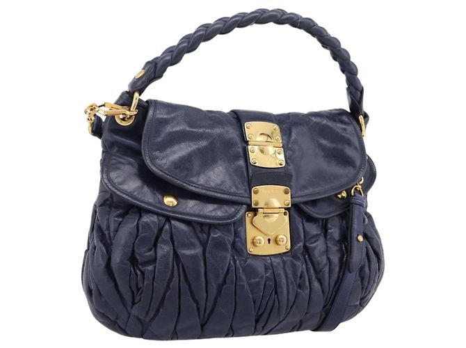 Miu Miu Matelassé Handtasche Leder 2way Navy Gold Auth 199410V Golden Marineblau