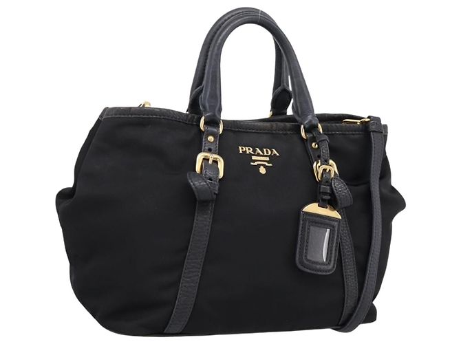 Sac à main PRADA Nylon Cuir 2way Noir Or Auth 199485A Doré