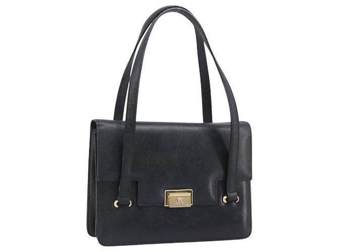 Céline Bolsa de mão CELINE em couro preto e dourado Auth 198264