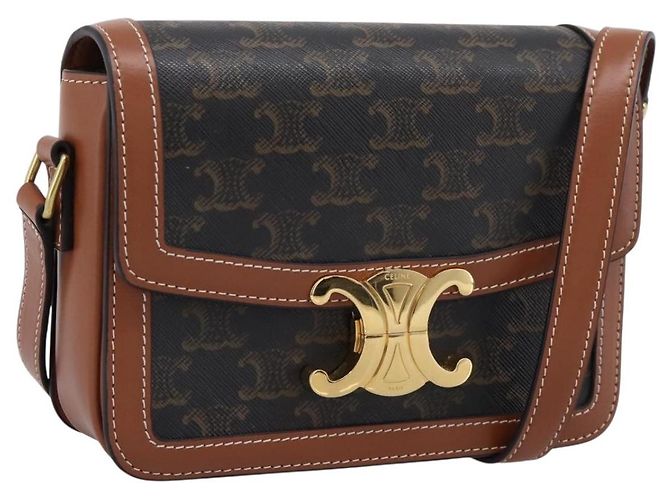 Céline Bolsa de Ombro CELINE Triomphe PVC Couro Marrom Tom Dourado Auth 199806SM