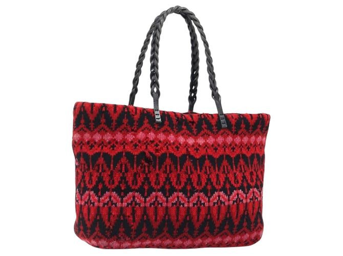 FENDI Tote Bag Wolle Rot Silber Auth 199467A
