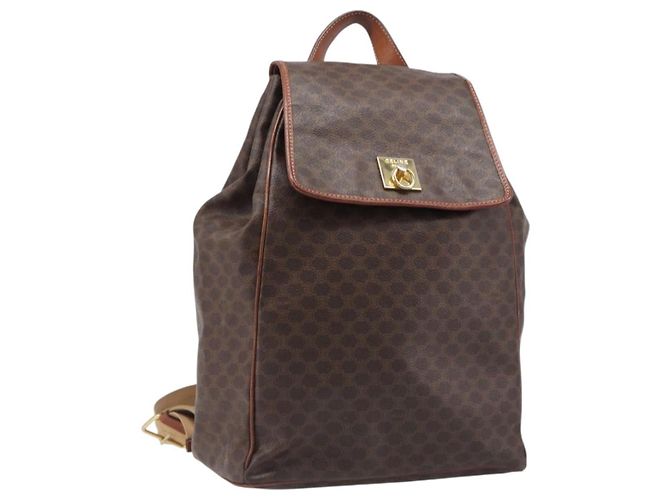 Edge Céline CELINE Macadam Canvas Backpack PVC Leather Brown Gold Auth 197605 Golden