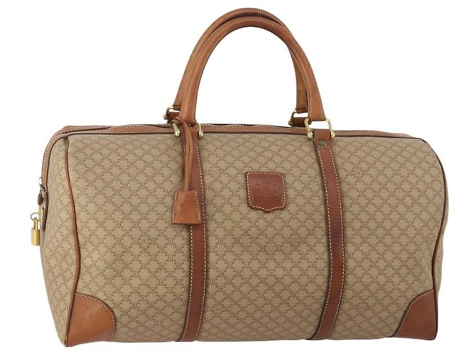 Céline CELINE Macadam Canvas Boston Bag PVC Beige Gold Auth 197611 Golden
