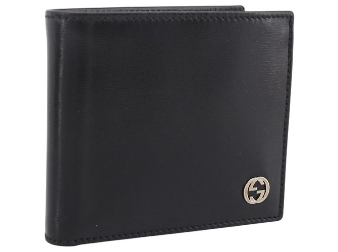 Cartera compacta bifold GUCCI Interlocking G de cuero negro 115219 Auth am12557V Dorado