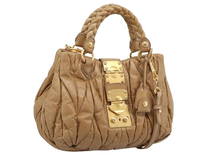 Bolsa de Mão Miu Miu Vitellolux Matelassé em Couro 2way Marrom Tom Dourado Auth 202111V