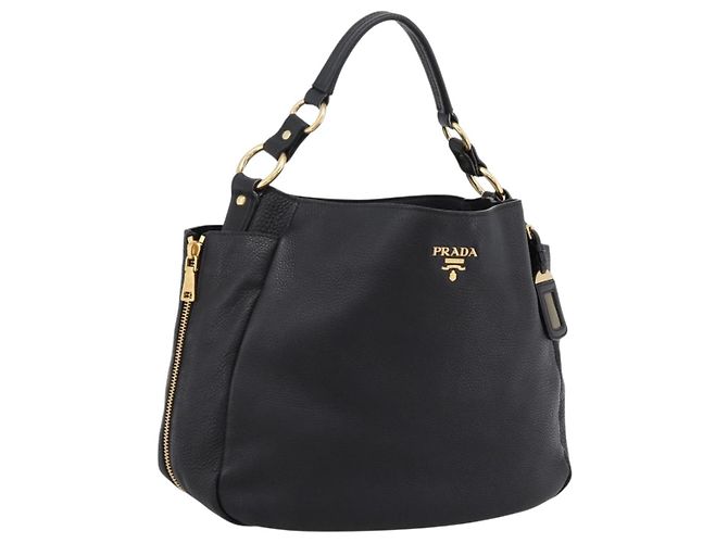Bolsa de mão PRADA Vitterodino em couro preto e dourado Auth 200844V