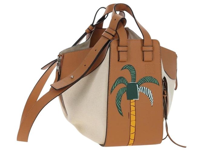 LOEWE Hammock Small Handtasche Canvas Leather 2way Beige Silver Auth 198601M Silber