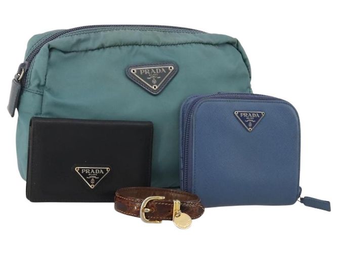 PRADA Pochette Nylon Pelle Set da 4 Blu Nero Marrone Auth 190016