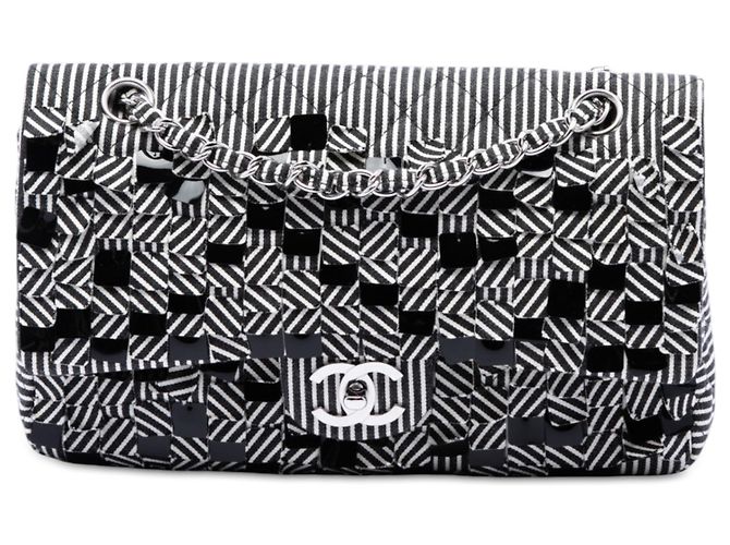 Borsa a tracolla Chanel Medium Classic Canvas Sequin Stripes Double Flap nera Nero