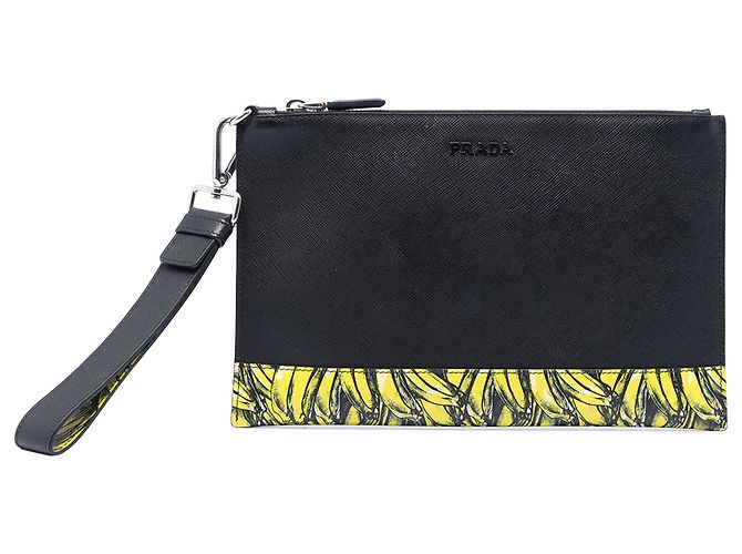 Clutch Prada Saffiano negra con estampado de plátano Negro