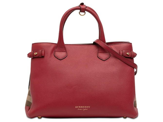 Borsa Satchel Banner Burberry Medium in pelle e House Check rossa Rosso
