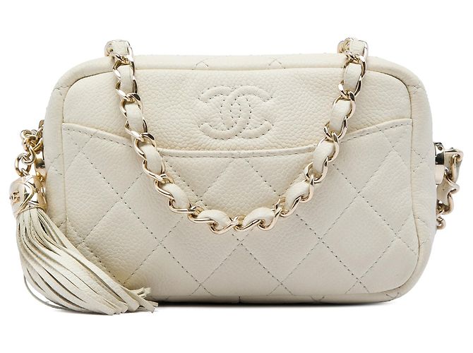 Borsa a tracolla Chanel Mini Quilted Caviar Coco Tassel Camera Case Bianca Bianco