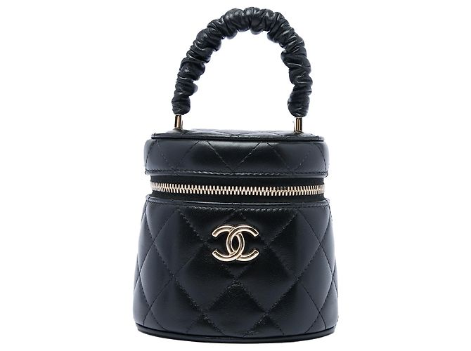 Black Chanel Mini Quilted Lambskin Vanity Case mit gerafftem Griff Schwarz