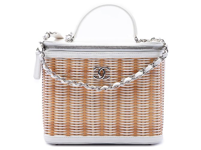 Chanel Medium Rattan Take Away Vanity Case Satchel Weiß