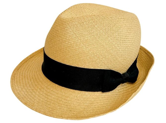 Cappello di paglia Chanel con nastro Coco Mark Nero Beige